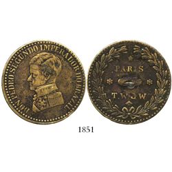 Brazil (struck in France?), brass medal (made into a button), Pedro II (1840s?), emperor's visit to 