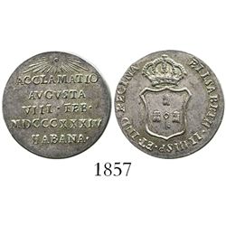 Cuba, silver 1R-sized proclamation medal, Isabel II, 1834, Havana.