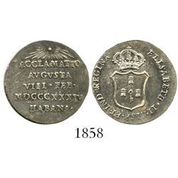 Cuba, silver 1R-sized proclamation medal, 1834, Isabel II, Havana.