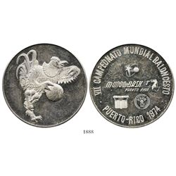 Puerto Rico, large proof silver medal, 1974, seventh world basketball championship (FIBA).