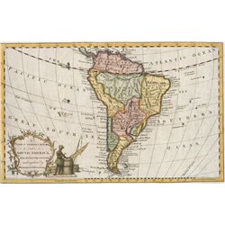 Small British map of South America (maker unknown), 1700s, hand-colored, excellent condition.