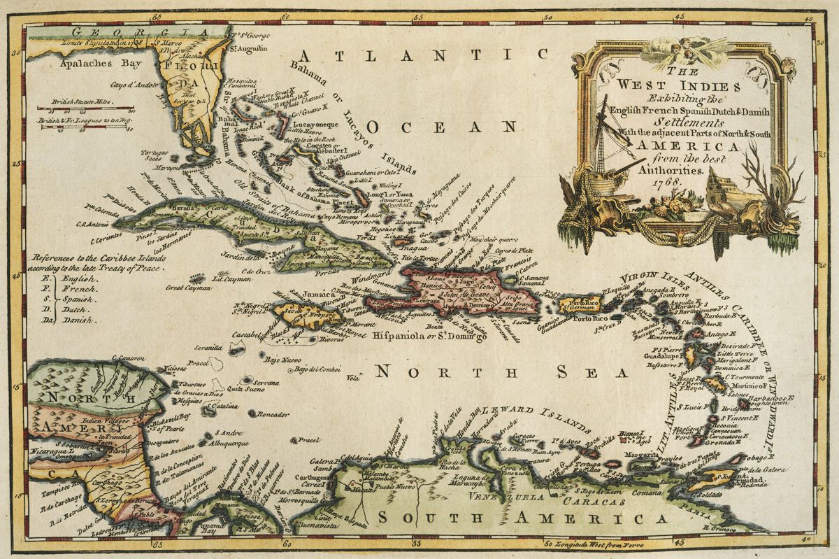 Small British map dated 1768 of the West Indies, engraved for Charles