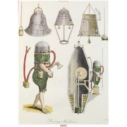 Matted copperplate engraving (hand colored) of diving machines from an 1803 publication.