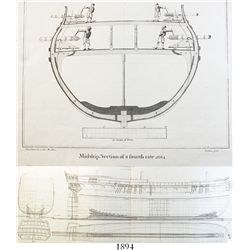 Lot of 2 ship diagrams (East Indiaman 1816, and fourth rate 1684) from 1800s publications.