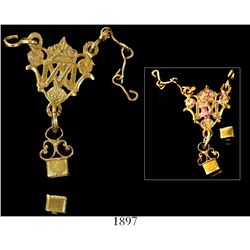 Small, ornate gold pendant with receptacle at bottom for gemstone (missing, bottom piece separate), 