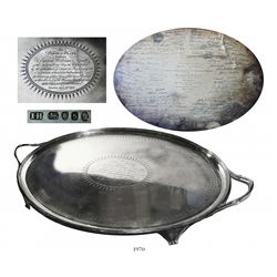 Large silver tray (footed platter) made by John Hutson, engraved Pirate capture