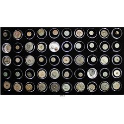 Collection of 50 colonial-period buttons, 1600s to 1800s, various nationalities, in glass display ca