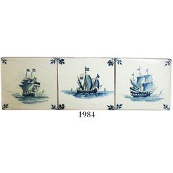 Lot of 3 Dutch blue-on-white porcelain tiles depicting East Indiamen, early 1800s.