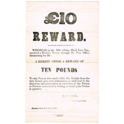 1842 (6 July). "Rockite Notice" sent to Hugh Law, Mountmellick. Poster offering "£10 REWARD" for inf