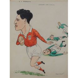 Rugby 1956: Cartoon by Connon of Cliff Morgan in Ireland v Wales