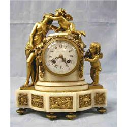 LOUIS XV STYLE GILT BRONZE AND MARBLE MANTEL CLOCK