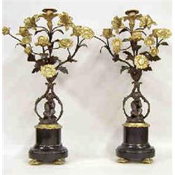 PAIR OF LOUIS XV STYLE GILT AND PATINATED FOUR LIGHT CANDELABRA