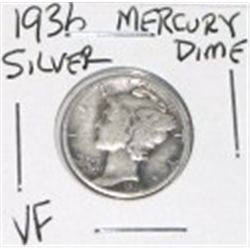 1936 MERCURY SILVER DIME *NICE EARLY VERY FINE GRADE SILVER COIN*!! DIME CAME OUT OF SAFE!!