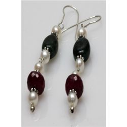 Natural 40.53ct Ruby,Pearl,Emerald Earrings .925 Sterli