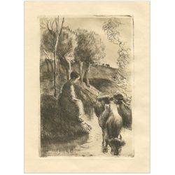 Camille Pissarro "Vachere au Bord de l'Eau" original etching on japon paper
