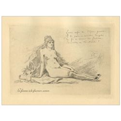 Felicien Rops engraving "La femme a la fourrure assise"