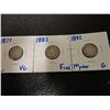 1877,1883,1892  seated dime-lot of 3 ag-vg