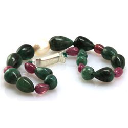 Natural Emerald, Ruby Teardrop Pearl Bracelet 69.72 ctw