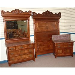 Victorian Walnut 3pc Marble Top Bed Set