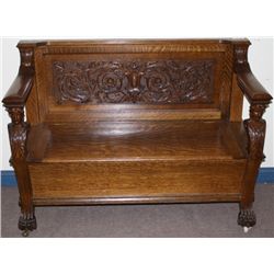 Oak Figural Carved Lift Seat Bench