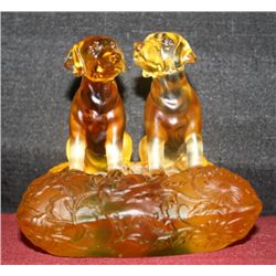 Satin Art Glass, Dbl Figural Group of Dogs Signed
