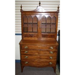 Early American Sheridan Style Desk w/Banded Inlay, Gothic shaped doors, double arched heading