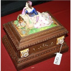 Early Inlaid Dresser Box w/Porcelain Figural Top