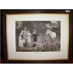 A Tempting Bait" Antique Print-Children w/Pony