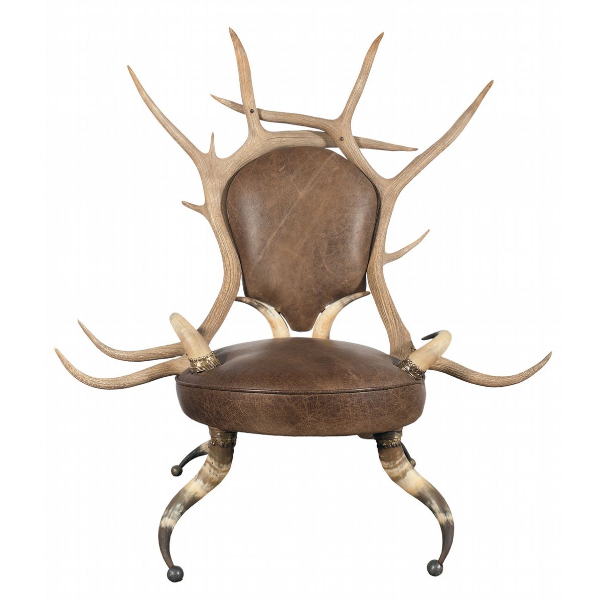 Antique Elk Antler, Cow Horn and Leather Chair