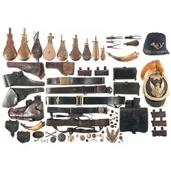 Large Grouping of Powder Flasks, Leather Items and Military Headgear