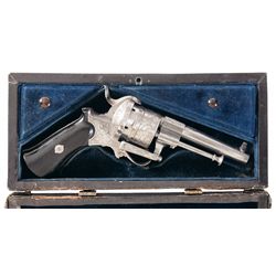 Cased Engraved Belgian Pinfire Revolver with Ebony Grips