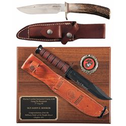 One Randall 5-5 Camp & Trail Knife and a Ka-Bar Bowie with U.S.M.C. Inscription and Presentation Pla