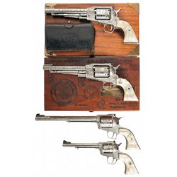 Four Engraved Embellished Single Action Revolvers with Pearl Grips