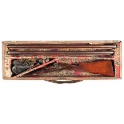 Cased Isaac Hollis & Sons Double Barrel Percussion Shotgun with Extra Cape Barrel Set and Accessorie