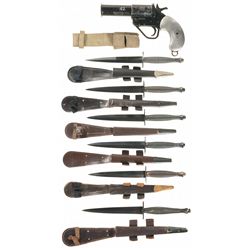 Six Sheathed Fairbairn Sykes Fighting Knives, a Flare Gun and a Canvas Bayonet Frog