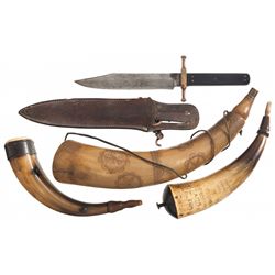 Three Powder Horns and One Bowie Knife