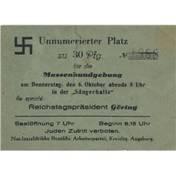 TICKET TO ATTEND A GOERING SPEECH: "JEWS NOT ALLOWED"