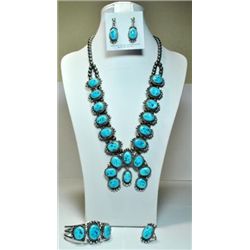 Navajo Sleeping Beauty Turquoise Dark Squash Blossom 4-Piece Set - Mary Ann Spencer