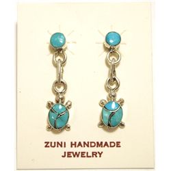 Zuni Turquoise Inlay Sterling Silver Turtle Post Earrings - Vernon Waikaniwa