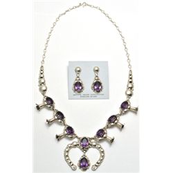 Navajo Amethyst Sterling Silver Squash Blossom Necklace & Earrings Set - Clem Nalwood