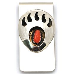 Navajo Coral Sterling Silver Bear Paw Money Clip - Joey McCray