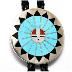 Zuni Multi-Stone Sun Design Sterling Silver Bolo Tie - Fred & Lolita Natachu