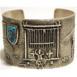 Navajo Sleeping Beauty Turquoise Sterling Silver Tufa Cast Farm Scene Cuff Bracelet - Philander B Be