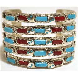 Zuni Coral & Turquoise Sterling Silver 5-Row Snake Cuff Bracelet - Effie Calavaza