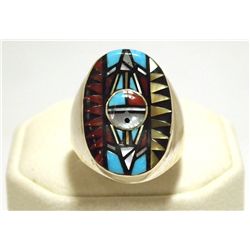 Zuni Multi-Stone Inlay Sun Face Sterling Silver Men's Ring - Angelena Laahty