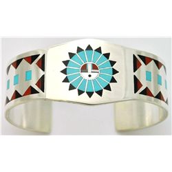 Zuni Multi-Stone Inlay Sun Design Sterling Silver Cuff Bracelet - Fred & Lolita Natachu