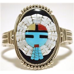 Zuni Multi-Stone Inlay Sun Face Sterling Silver Cuff Bracelet - Beverly Etsate