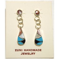 Zuni Multi-Stone Inlay Sterling Silver Teardrop Post Earrings - Sarah Bawani