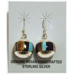 Zuni Multi-Stone Inlay Sterling Silver Sphere French Hook Earrings - Edison Yazzie