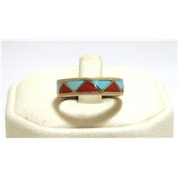 Zuni Coral & Turquoise Inlay Sterling Silver Men's Ring - Carmichael Haloo